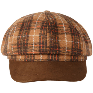 九木杂物社棒球帽显脸小女秋冬复古格纹报童帽撞色帽子新年礼物