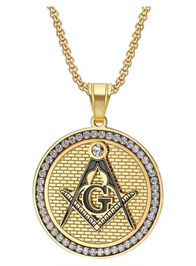 潮男钛钢镶水钻共济会圆牌项链
