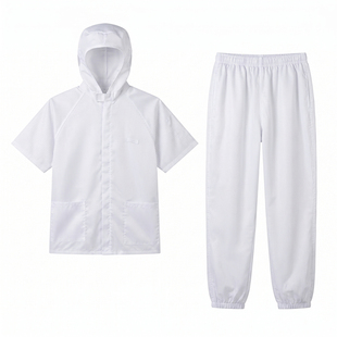 白色短袖带帽食品工作服连帽防尘服电子厂无尘衣分体式洁净服男夏