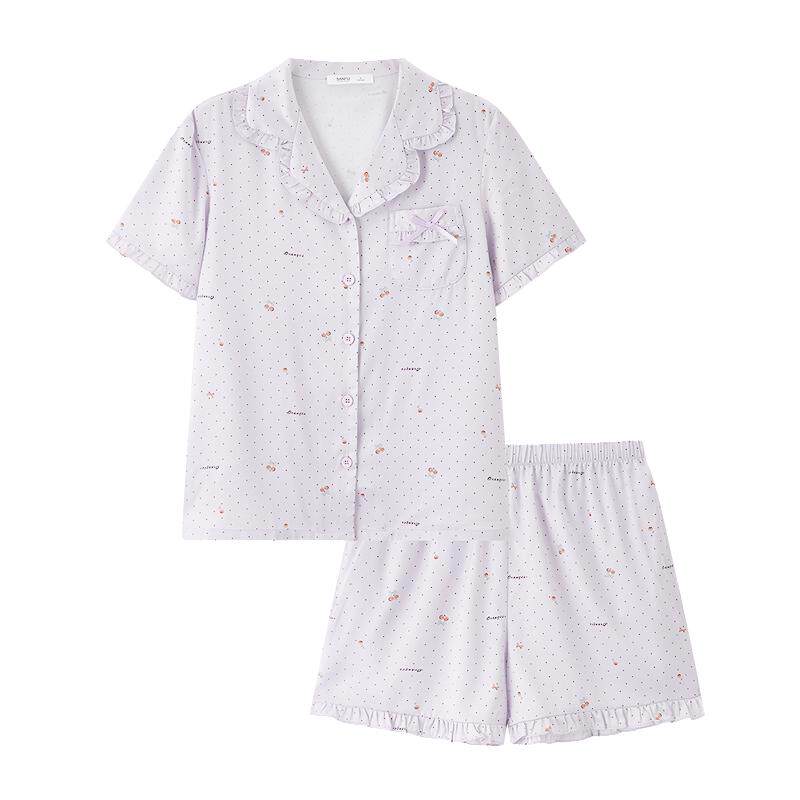 三福女夏季色丁花边翻领睡衣套装 甜系蝴蝶结宽松家居服517980