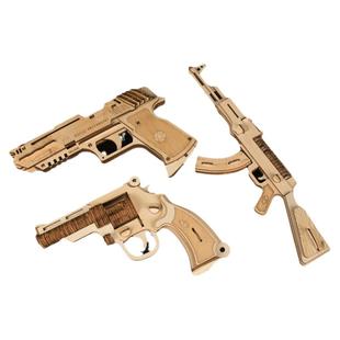 木制DIY连发皮筋枪手枪3D拼装拼图模型木枪儿童益智木头左轮手枪