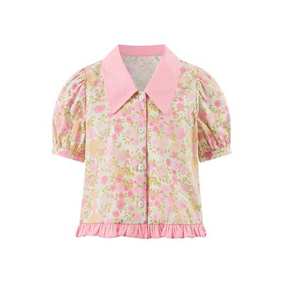 Little Naive女童碎花衬衫夏季新款纯棉田园上衣儿童撞色翻领短袖
