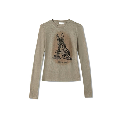 修身长袖T恤女可爱兔子印花显瘦