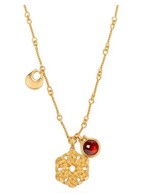 护身符马鞍扣银色刻纹木纹石项链