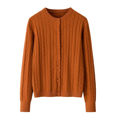 100纯山羊绒包扣绞麻花女开衫潮