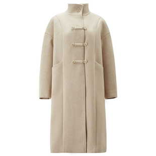 设计师款佐丹奴老钱风大衣女宽松立领双排扣长款毛呢外套18375721