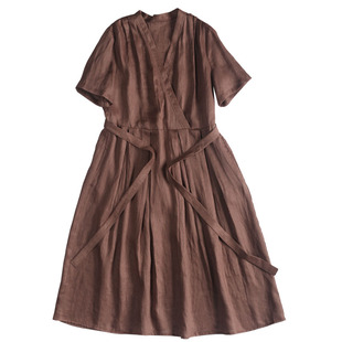 成熟御姐女装法式慵懒风裙子女夏微胖显瘦休闲亚麻连衣裙夏天薄款