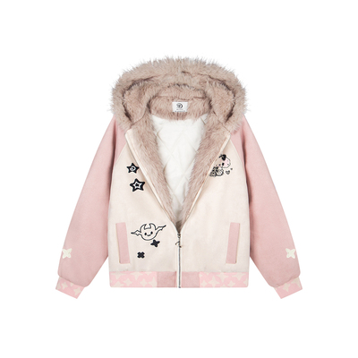 文文不乖原创国潮撞色小恶魔毛领连帽棉服女冬季加厚夹棉情侣外套