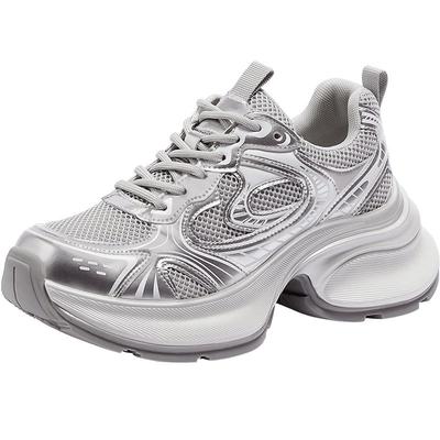 [银熠]骆驼女鞋2025秋季新款休闲加绒老爹鞋厚底增高银色运动鞋女