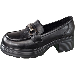 戈美其厚底乐福鞋女2026春季新款英伦风粗跟小皮鞋增高黑色单鞋女