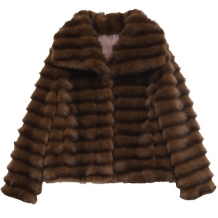 ohmyloli 法式风格翻领纹理感渐变毛尖大翻领复古环保皮草