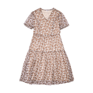 HONRN/红人休闲v领印花短袖显瘦a字连衣裙中长裙女夏HI22OL692