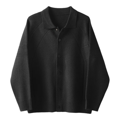 LUUD 极简休闲翻领针织开衫男士重磅930克插肩袖分割纹理毛衣外套