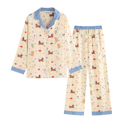 侘町复古蓝格狗狗party2025新款纯棉睡衣女长袖春秋季卡通家居服