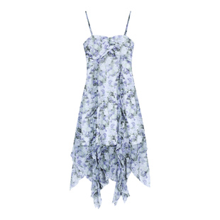 pusumede 法式碎花吊带连衣裙女夏季收腰显瘦设计感不规则中长裙