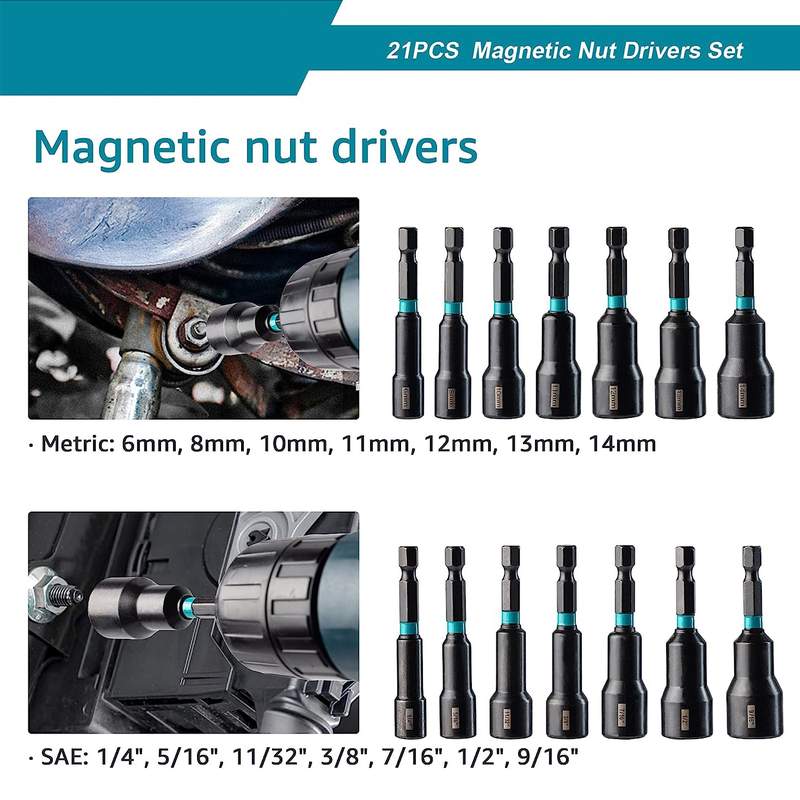 21PCS磁性风批套筒1/4Nut加长气动Driver六角起子英制公螺母套筒