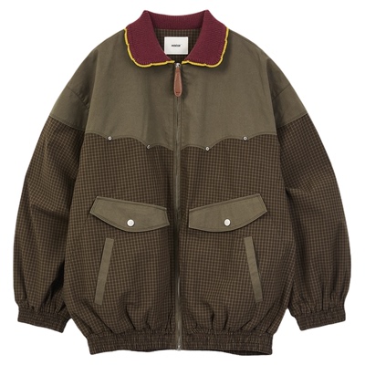 复古设计感格纹针织领拼色外套