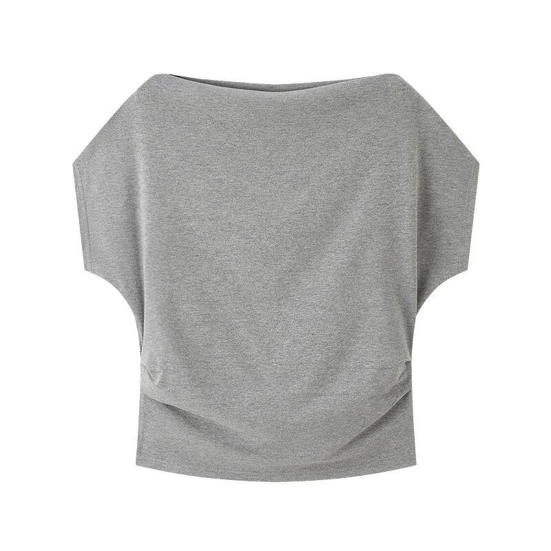 三福一字肩短袖2026新款夏季气质纯色荡领收腰t恤上衣女装517882