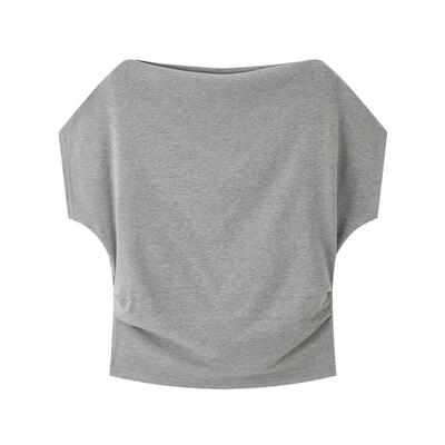 三福一字肩短袖2026新款夏季气质纯色荡领收腰t恤上衣女装517882