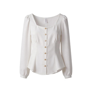 白色方领泡泡袖衬衫女2026年春夏新款法式小资穿搭上衣收腰衬衣