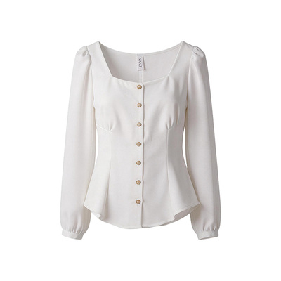 白色方领泡泡袖衬衫女2026年春夏