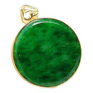 #L139 18K金满色辣绿缅甸天然A货翡翠无事圆牌锁骨吊坠 不含链