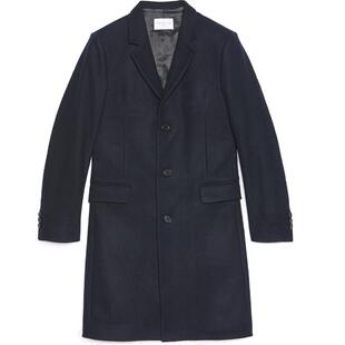 SANDRO Outlets秋冬男装经典款法式简约绵羊毛混纺深蓝色大衣外套