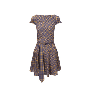 whiteiswhite法式复古格子裙腰间堆褶设计感收腰连衣裙显瘦短裙夏