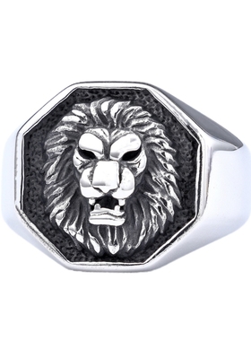 潮男钛钢复古狮子王几何印章戒指