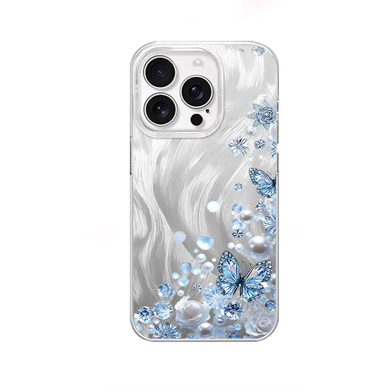 蓝蝶珍珠水钻适用于iPhone18promax/iPhone17pro手机壳华为mete80一加13磁吸vivoS30羽纱红米K80小米17OPPO