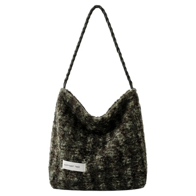 小众绿棕格纹毛呢hobo水桶包