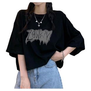 暗系黑色纯棉短款短袖上衣女高腰露脐韩版宽松T恤字母半袖上衣潮