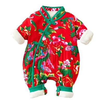 东北大花婴儿服洋气冬季新生儿花棉袄宝宝加厚连体衣喜庆拜年服