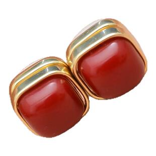 时尚秋冬红色耳夹圆形方形珍珠磁吸设计感耳饰大气复古吸铁石耳环