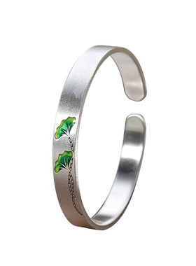 宝茉荷叶女9999足银珐琅手镯实心