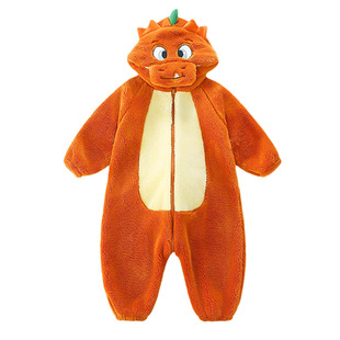 恐龙造型连帽爬服女童睡衣秋冬款法兰绒连体衣女宝加厚保暖家居服