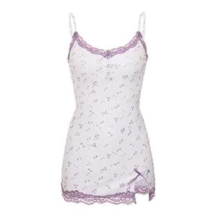 「LA」娇媚紫风铃*纯欲少女紫色碎花莫代尔舒适吊带紧身连衣睡裙