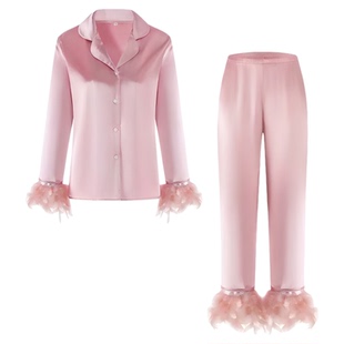 真丝睡衣女款春秋羽毛袖睡袍家居服套装高级感轻奢生日礼物送闺蜜