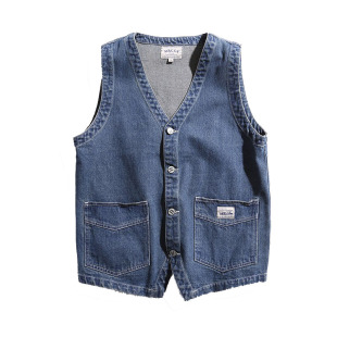日系复古 春秋男装修身翻领纯色水洗牛仔马甲 青年无袖背心外套潮
