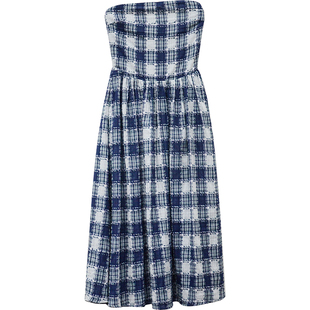 333sss度假风小流苏蓝色格子抹胸裙连衣裙长裙夏高级感小个子