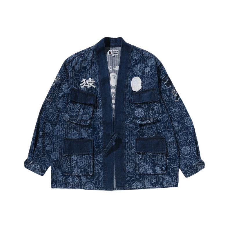 靛蓝色迷彩花卉图案刺绣和服外套