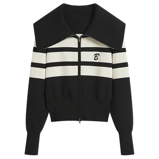 【商城同款】黑色外套条纹针织衫上衣小个子开衫女2025年秋冬新款