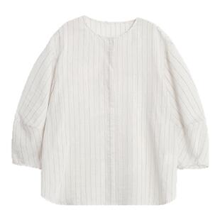 ltyp旅途原品 亚麻条纹小衫 文艺休闲宽松七分袖衬衫上衣女夏季