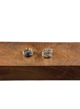 WANGWANG925纯银做旧纹路情侣宝石点金可调羽毛情侣潮流戒指指环