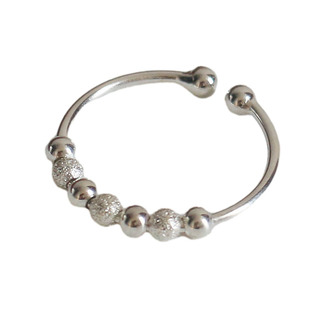 S925纯银磨砂珠子转动开口戒指串珠圆珠指环简约个性韩版银饰女