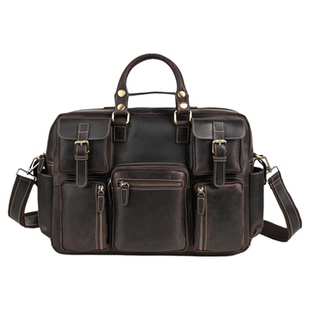 疯马皮复古公文包男士真皮手提包多口袋旅行包单肩包17寸电脑包