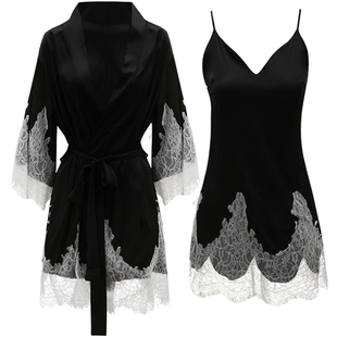 冰丝绸性感睡衣女款秋冬2025新款薄蕾丝吊带睡裙睡袍两件套装春夏