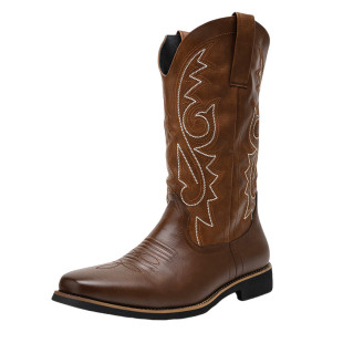 美式复古马丁靴男春秋季西部牛仔工装靴刺绣长筒侧拉链高帮骑马靴