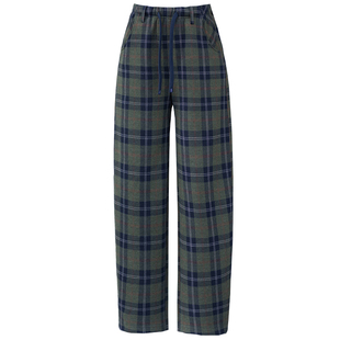 绿色高腰格子毛呢休闲裤子女新款2025爆款冬季抽绳加绒直筒弯刀裤