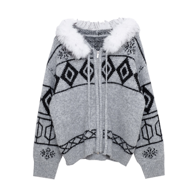 荒荒家 毛领连帽费尔岛毛衣2025冬季新款韩版复古灰色针织外套女